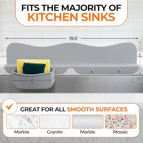 Silicone Sink Splash Guard with Sponge Holder -19.5" x 4.5" x 2.5",- Strong Suction - Sink Edge Protectors for Kitchen Sink - Kitchen Sink Splash Guard - Gray