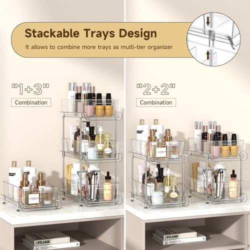 HIHEGD 2-Tier Bathroom Organizer with Dividers, Clear Under Sink and Pull-Out Cabinet Organizer for Kitchen and Pantry Storage - color: Clear-2Pcs