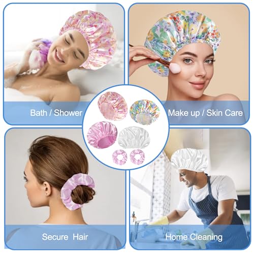 Shower Cap for Women Set of 4, Bath Caps, Double Layers Hair Caps + 2 Satin Hair Scrunchies, Reusable Waterproof Shower Caps, Elastic Hair Cap for Shower - Pattern B - color: Pattern B