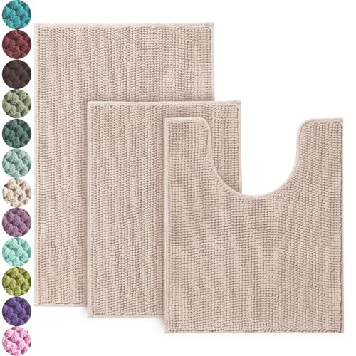 Urvoix Bathroom Rugs Sets 3 Piece, Non-Slip Chenille Bath Rug - Ultra Soft, Washable, Super Absorbent Bath Mat for Bathroom, Toilet and Tub (Cream Beige) - color: Cream Beige