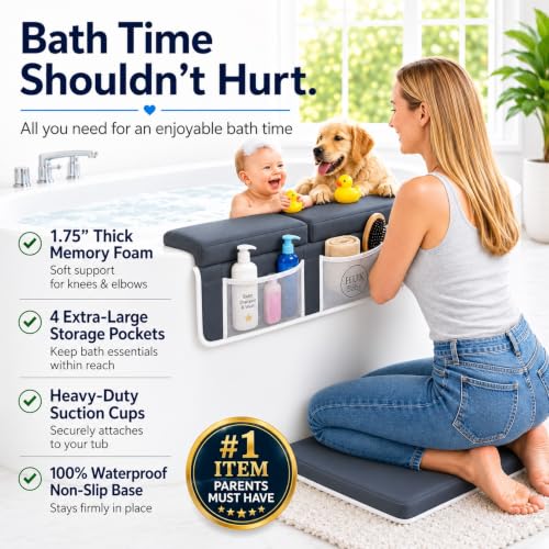 Comfortable Baby Bath Kneeler and Elbow Rest Pad Set, Non-Slip Bathtub Kneeling Pad for Bathing Baby, Bath Tub Cushion Mat, Elbow Pads, Toy Organizer Storage Pockets, Strong Suction Cups (Dark Gray) - color: Dark Gray
