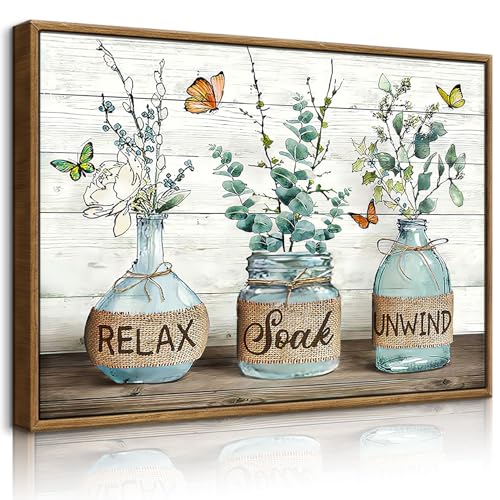 BJVJKSU Framed Farmhouse Bathroom Wall Art Rustic Green Botanical Bathroom Canvas Wall Decor Relax Soak Unwind Painting Print Eucalyptus Butterfly Picture Artwork Decor(16x24in) - color: Green framed, size: 24"L x 16"W