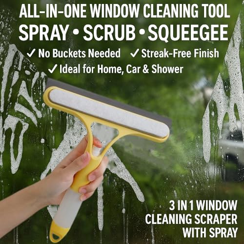 3 in 1 Window Cleaning Scraper, Squeegee with Sprayer, All-in-One Glass Cleaner Tool with Sponge & Rubber Blade for Shower Doors, Mirrors, Car Windows & Home Use - color: White * 2
