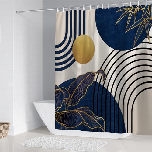 LQCOOL 4Pcs Blue Shower Curtain Set, Boho Bathroom Sets, Bamboo Leaf Bathroom Shower Bathroom Sets with Shower Curtain and Rugs, Shower Curtain with 12 Hooks - color: Blue Black