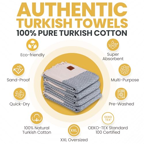 Gold CASE Turkish Beach Towel Set of 4 – 100% Cotton Large Turkish Bath Towels 67 x 38'' – Zeus Extra Large, Quick Dry & Sand Free Towels – Peshtemal for Pool – Grey - color: Grey, style: Zeus Beach Bath Towel