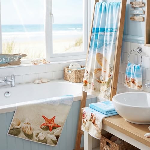 Moukeren Set of 3 Beach Bath Towels Coastal Ocean Bath Towel Hand Towels and Washcloth Soft Shell Conch Starfish Sea Nautical Decorative Towel Summer Gifts for Farmhouse Bathroom Kitchen - style: Beach