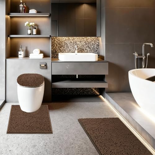 Bathroom Rugs Sets 3 Piece with Adjustable Toilet Seat Cover 19.5"x 18.5" Machine Washable Bath Rug Set with TPR Non Slip Rubber Backing Solid Bath Mat Set for Luxury Bathroom Decoration - color: Taupe