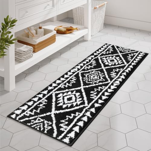 Uphome Boho Bathroom Runner Rug Black Tribal Long Bathroom Rug Western Non-Slip Washable Bath Mat Luxury Soft Absorbent Modern Bath Rugs for Shower Kids Room Entryway, 18x47 inch - size: 18x47 inch
