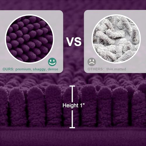 HOMEIDEAS 3 Pieces Dark Purple Bathroom Rugs Set, Ultra Soft Non Slip Bath Rug and Absorbent Chenille Bath Mat, Includes U-Shaped Contour Rug, Bath Mat and Toilet Lid Cover, Perfect for Bathroom Floor - color: Purple, size: 20"x32"+U 20"x24"+Cover 18"x21"