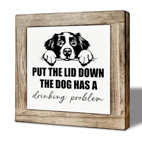 Farmhouse Wooden Bathroom Decor Signs, Funny Restroom Decorative Wooden Box, Toilet Rules Shelf Decoration, Put the Lid Down the Dog Has A Drinking Problem 5.9×5.9 inch - color: color26