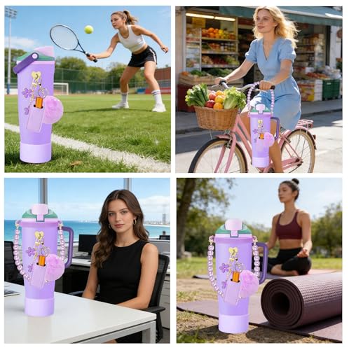 Compatible for Owala Accessories Bundle: Silicone Boot for FreeSip Sway 30oz & 40oz Bottles, Charms, Pearl Handle Strap, Rubber Bottom & Decorative Add-ons - color: Purple Plum