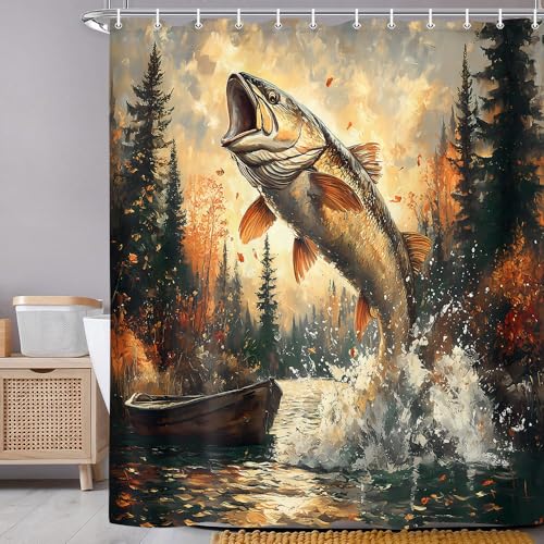 Rustic Cabin Shower Curtain, Farmhouse Country Lodge Fish Lake Fishing Decor Bath Curtains, Funny RV Hunting Camp Forest Nature Art Fabric Bath Curtain Decor with Hooks 60x70 Inches with Hooks - color: Bear, size: 60"W x 70"L (Pack of 1)