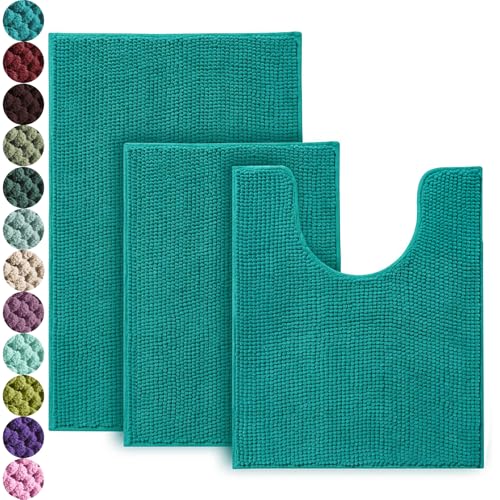 Urvoix 3 Pieces Bathroom Rugs Set, Non-Slip Chenille Bath Rug, Ultra Soft and Super Absorbent Bath Mat for Bathroom, Toilet and Tub (Teal Green) - color: Teal Green