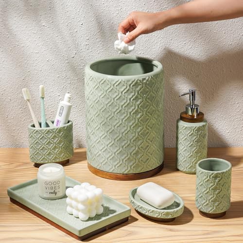 RQYIXI Elegant 6 PCS Ceramic&Wood Bathroom Accessories Set:Soap Dispenser,Toothbrush Holder,Tumbler,Soap Dish,Tray,Trash Can,Easy to Clean,Quatrefoil Pattern,Green-Affordable Home Luxury - color: Green Set-6pcs-new