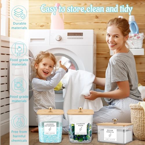 Reallnaive 5 Pcs Laundry Pods Container and Dryer Sheet Holder, 3L Laundry Room Organization Storage Containers with Lids and Labels for Detergent Powder Organizer, Scent Booster, Powder