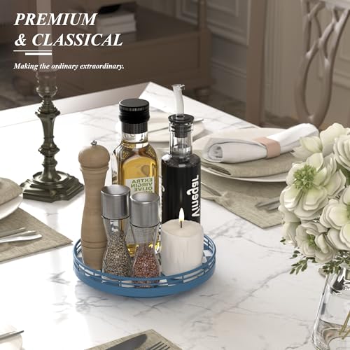 Premium Rubber Wood Lazy Susan Turntable, Blue White Checkerboard Decorative Serving Tray, Hand-Welded Metal Railing, Stable Rotating Organizer for Dining Table, Kitchen Counter, Coffee Table Decor - color: Blue & White, size: 9 inches