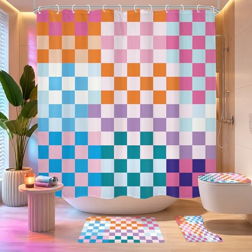 4 PCS Kids Colorful Checkered Shower Curtain Set 72Wx72H Cute Girly Retro Funky Girl Bathroom Set Non-Slip Bath Rug Toilet Lid Cover U Shape Mat Bathtub Accessories with 12 Hooks Bathroom Decor - color: G 01colorful, size: 72"W x 72"L (Pack of 4)