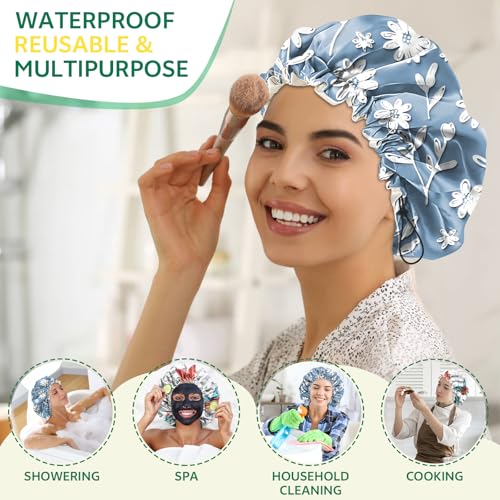 2 PCS Shower Cap Waterproof Double Layer Elastic Adjustable Reusable Hair Bath Caps for Girls Women Cute Aesthetic-Butterfly Flowers - color: G14-Butterfly Flowers