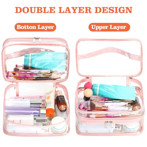 HAOGUAGUA Double Layer Clear Cosmetic Bag Makeup Bag, Waterproof Travel Toiletry Bag, Transparent PVC Pouch Organizer (Pink Large) - color: Pink Large