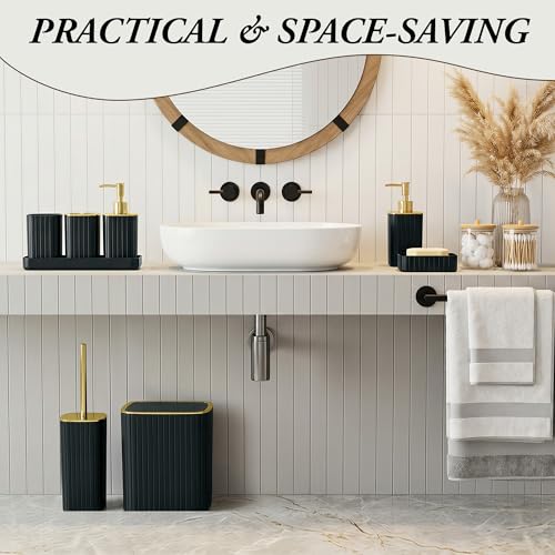 9PCS Black and Gold Bathroom Accessories Set with Bathroom Trash Can, Toilet Brush,Soap Dispenser, Q-Tip Holder | Modern Home Bath Essentials - color: Black&gold, size: 9-Piece Bath Set