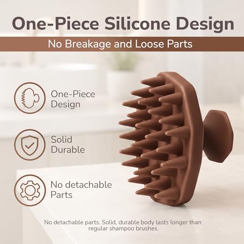 SILKLE Scalp Massager Shampoo Brush – Silicone Scalp Scrubber for Hair Growth & Dandruff Removal, One-Piece, Non-Slip Handle, Soft Bristles, Wet/Dry Shower Scalp Exfoliator for All Hair Types – Brown - color: Brown