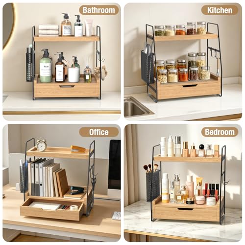 2-Tier Bathroom Counter Organizer with Drawer and Removable Basket, Wood Vanity Countertop Storage for Perfume, Makeup, Skincare, Bathroom Counter Shelf, 13" x 7.9" x 14.5", Light Brown - color: Light Brown
