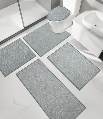 chakme Bathroom Rug Sets 5 Piece, Ultra Thin Quick Dry Bath Mat Set, Absorbent Bath Mat for Bathroom Non Slip Machine Washable, (Light Grey, 5 Piece) - color: Light Grey, size: 5piece