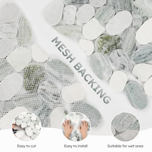 Diflart Natural Pebble Stone Tile for Shower Floor, Emerald Green Oval, 4 Sheets, Sliced Pebble Mosaic Backsplash for Kitchen Bathroom Floor and Wall Tile - color: Emerald Green, size: 11.7x11.7 Inch