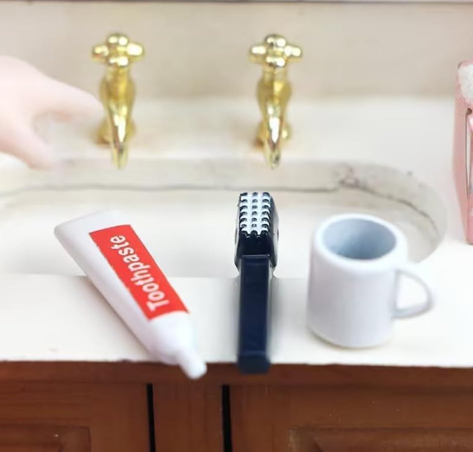 Toothpaste, Toothbrush and Cup Model, 1/12 Scale, Miniature Dollhouse Bathroom Accessories Set, DIY Decor Kit