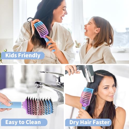 Boar Bristle Hair Brush Set of 2, HIPPIH Wet & Dry Hair Brushes Made by Fine Natural Boar Hair Can Adds Shine and Smoothing, Detangling Hairbrush for Women, Men & Kids' Long Curly Thick Hair - color: Mint Purple & Blue