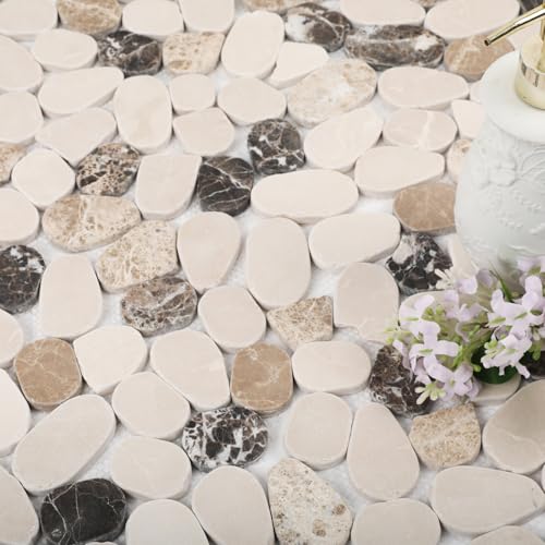 Diflart Natural Pebble Stone Tile for Shower Floor, Brown and Beige Oval, 4 Sheets, Sliced Pebble Mosaic Backsplash for Kitchen Bathroom Floor and Wall Tile - color: Bown and Beige, size: 11.7x11.7 Inch