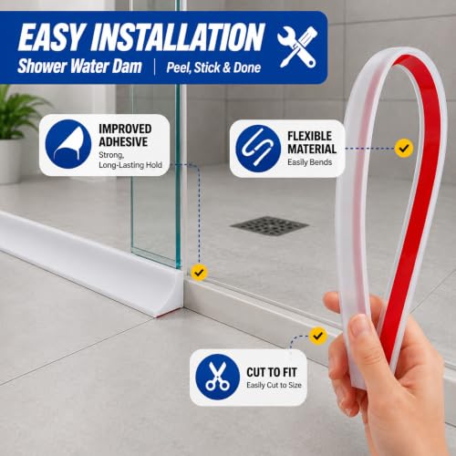 Shower Threshold Water Dam, 39 in Flexible Barrier, Transparent | Flexible peel-and-stick water barrier for shower thresholds, sink edges, and countertops; 39 x 0.79 x 0.47 in - color: Transparent, style: 39Inch