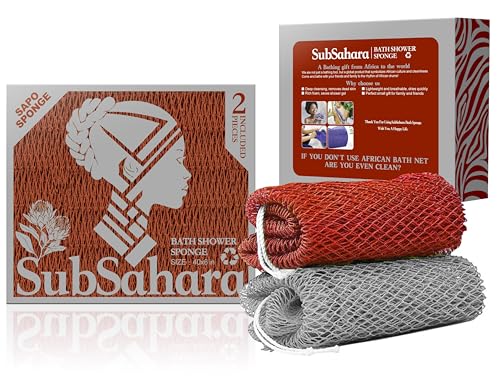 SubSahara Authentic African Net Sponge - 2 Pack Exfoliating Bath & Shower Loofah Sponge for Body & Face, Gentle Scrubber for All Skin Types, Travel, Durable (Gray & Rust Red) - color: Gray & Rust Red