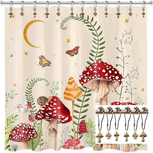 Mushroom Shower Curtain Hooks, 12Pcs Rustproof Metal Cute Retro Mushroom Shower Curtain Hooks Rings for Boho Fairy Forest Country Cottagecore Style Home Bathroom Decor (Set-Bronze) - color: Set-bronze