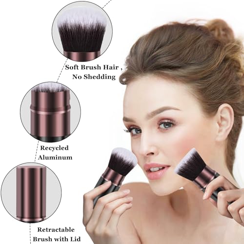 Retractable Makeup Brushes, 2 Pack Travel Kabuki Blush Makeup Brush | Face Powder Foundation Brushes for Blending Liquid, Blush, Bronzer, Buffing, Flawless Cosmetics, with Aluminum Handle, Cover - color: Brown&Black