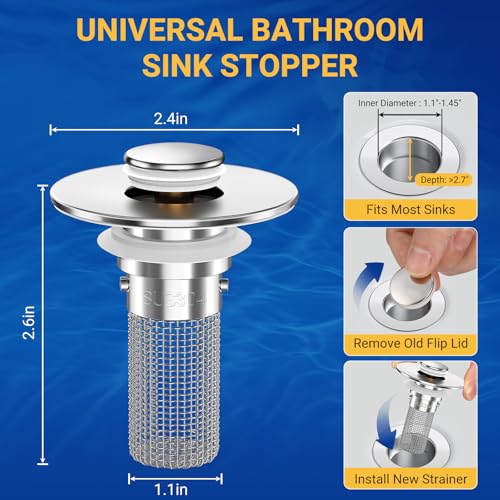 Bathroom Sink Drain Strainer, Pop-Up Bathroom Sink Stopper with Removable Stainless Steel Hair Catcher Basket, Universal Fit for US Bathroom Sinks, Showers & Floor Drains (1pcs) - color: 1pcs