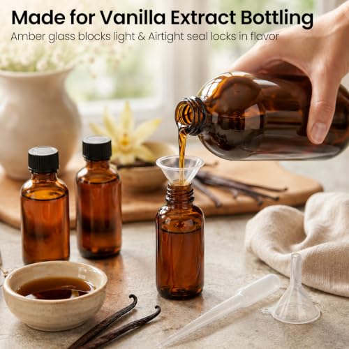 TBWIND 54 Pack 2oz Amber Glass Boston Round Bottles with Airtight Caps | Travel Size Bottles for Essential Oils, Perfume, Vanilla Extract, Tinctures & DIY Sample with Droppers, Labels & Funnels - size: 2oz