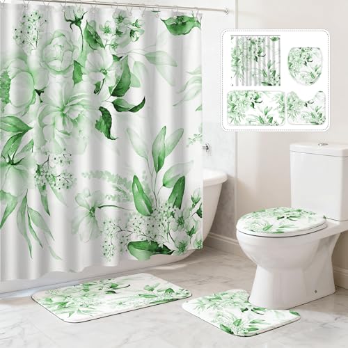 16 Pcs Sage Green Floral Shower Curtain Set with Rugs, Flower Bath Curtains and High Absorbent Non-Slip Mats, Thick 120GSM Fabric Curtain with 12 Metal Hooks (72x72 Inch) - color: Flower A-green