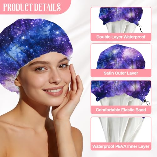 Starry Sky Reusable Shower Cap Milky Way Double Layer Waterproof Shower Caps Large Elastic Hair Cover Adjustable Hair - Drying Caps for Woman Man Bath SPA Travel One Size Fits Most - color: Starry Sky