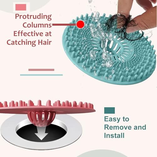 Silicone Hair Catcher for Shower Drain & Bathtub – 3 Pack (Grey/Blue/Pink), Anti-Clog Drain Strainer with Strong Suction, Easy Install, for Bathroom, Kitchen & Pet Hair (Patented)