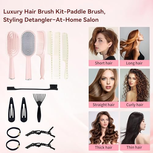 Hair Brush Set, Professional Styling Tools with Combs and Accessories, Pink, Gift Box Included (Pink Brush+White Comb) - color: Pink Brush+White Comb