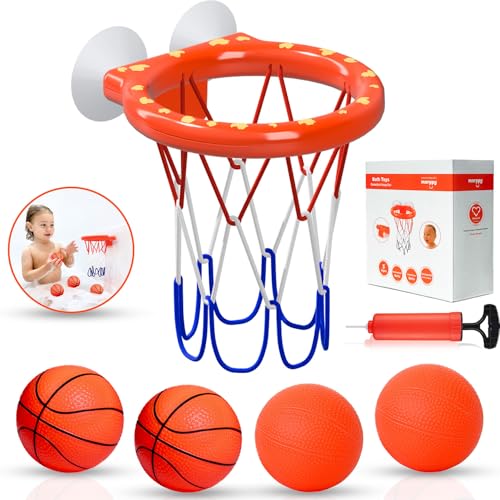MARPPY Bath Toys – Bathtub Basketball Hoop for Toddlers and Kids, Bath Toy Shower Toy with 4 No-Hole Balls and Suction Cups Basketball Hoop Bath, Tub Toys for Kids and Toddlers - color: Orange 4 Balls (2 Stripes, 2 Without Stripes)
