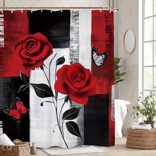 Miyotaa Abstract Black Red Rose Shower Curtain Set 60Wx71H Inches Modern Brushstroke Minimalist Painting Art Waterproof Bathroom Curtain with 12 Hooks - color: Black Red Rose, size: 60"W x 71"L (Pack of 1)