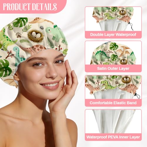 Dinosaurs Leaves Reusable Shower Cap Cute Double Layer Waterproof Shower Caps Large Elastic Hair Cover Adjustable Hair - Drying Caps for Woman Bath SPA Travel One Size Fits Most - color: Dinosaurs Leaves