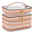 Woven Faux Leather Travel Makeup Bag for Women, Cosmetic Organizer with Clear PVC Top, Large Capacity Toiletry Bag (Pink) - color: 03-Pink