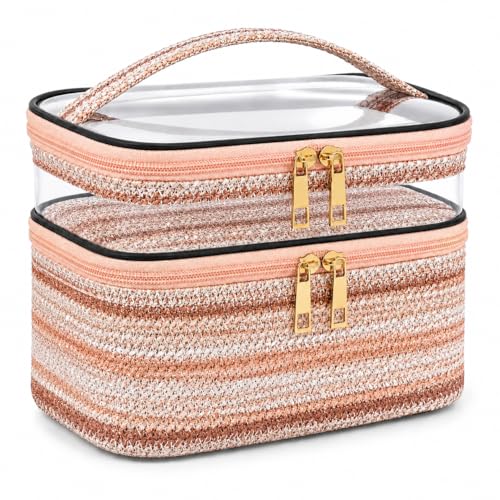 Woven Faux Leather Travel Makeup Bag for Women, Cosmetic Organizer with Clear PVC Top, Large Capacity Toiletry Bag (Pink) - color: 03-Pink