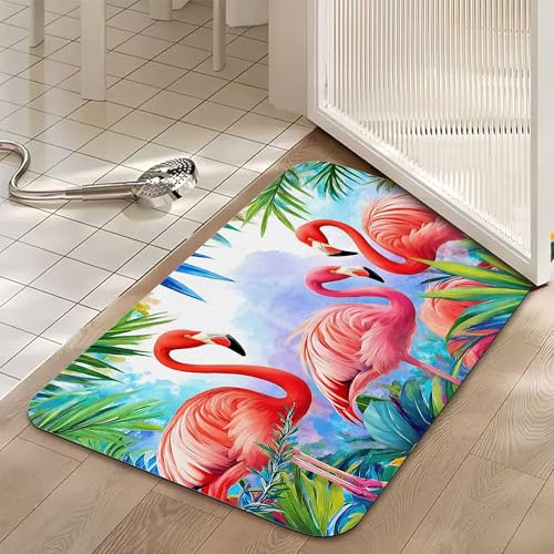Diatomaceous Bathroom Rugs,Watercolor Flamingo Bathroom Decor,Summer Tropical Palm Leaf Non Slip Bath Mat,Quick Dry Easy To Clean Care Shower Rug for Home Dorm Low Profile Floor Mat 17 X 29.5 Inch - color: Watercolor Flamingo