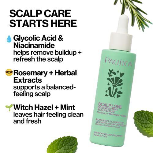 Pacifica Scalp Love Rosemary Mint Serum - Dry, Flaky, and Itchy Scalp Serum, Hydrating, Moisturizing, and Calming Treatment Formulated with Witch Hazel, Vegan and Cruelty-Free - 2 Fl Oz