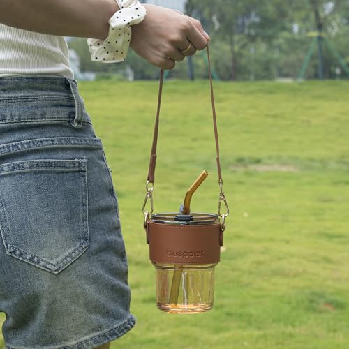 BLUEPOLAR 13 oz Tumbler Water Glass, Water Bottle with Straw and Dustproof Lid, Coffee Ice Cup Double Wall Insulated Glass Cup (Amber with Sleeve and Strap) - color: Amber with Sleeve and Strap
