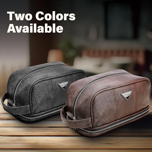 emissary Leather Travel Toiletry Bag for Men, Dopp Kit - Coffee | Water-resistant leather, large capacity + organizer pockets; refined men's travel Dopp kit, carry-on ready - color: Brown